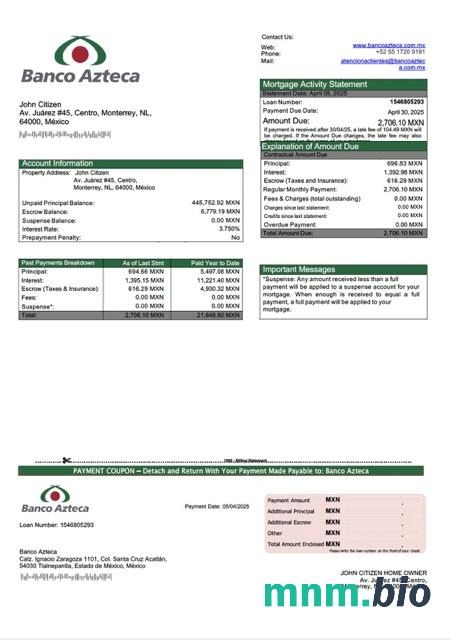 Meksyk Banco Azteca wyciąg z kredytu hipotecznego szablon Word i PDF